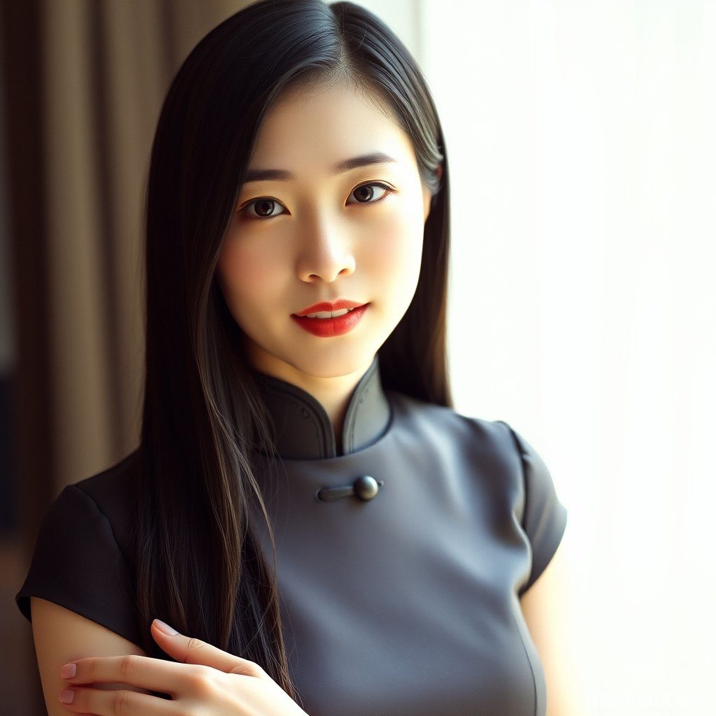 改良旗袍半身肖像，细腻的室内柔光勾勒出人物柔美的轮廓。