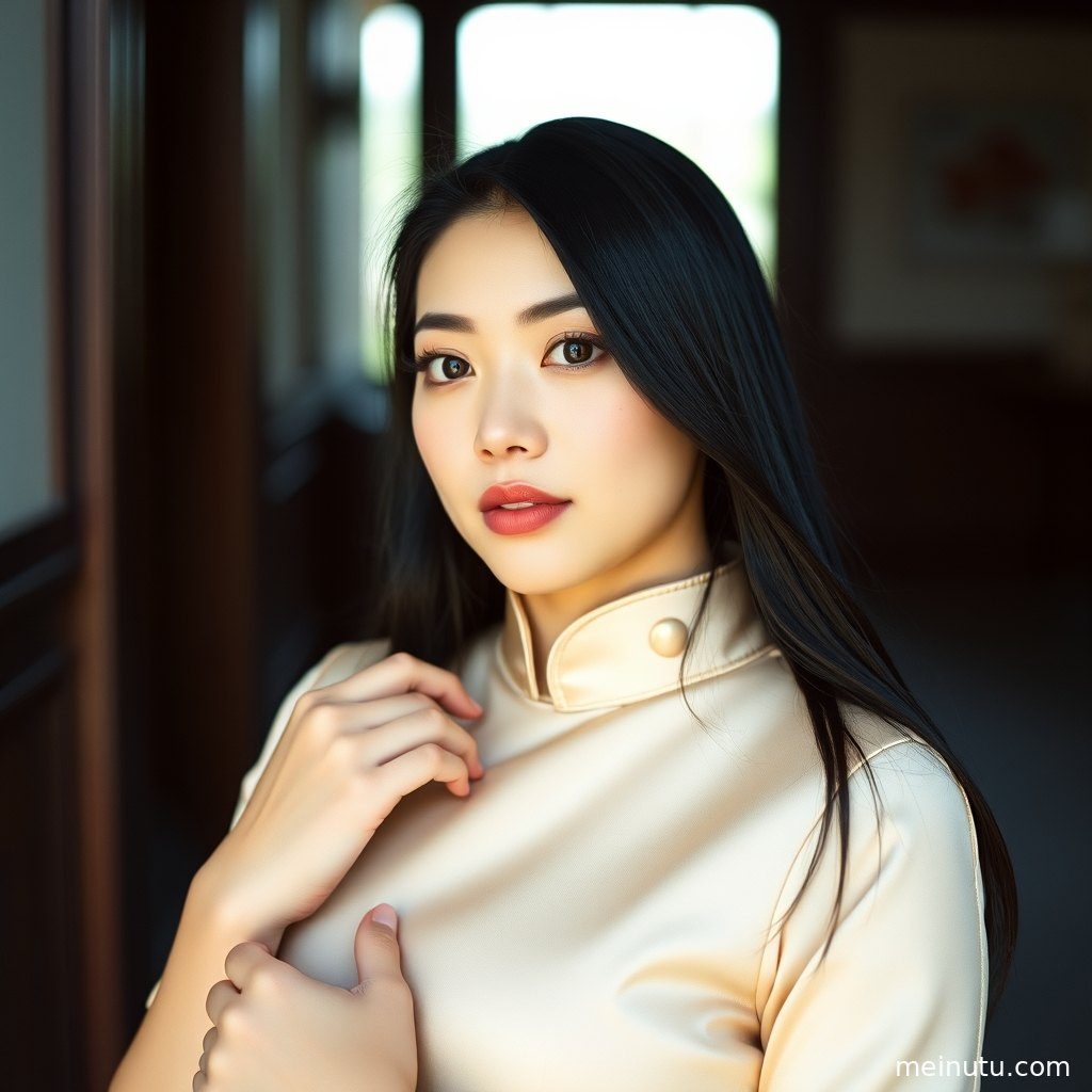 成年女子身着改良旗袍，在黄昏的自然光中，呈现出古典与现代融合的独特气质。