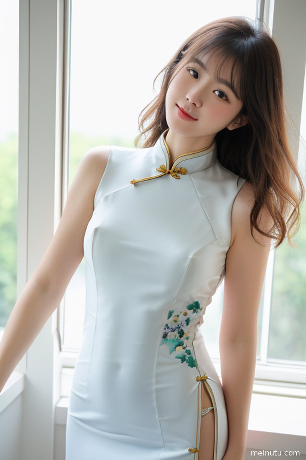 侧面特写，暖色调光线营造温馨氛围，突出旗袍的独特魅力。