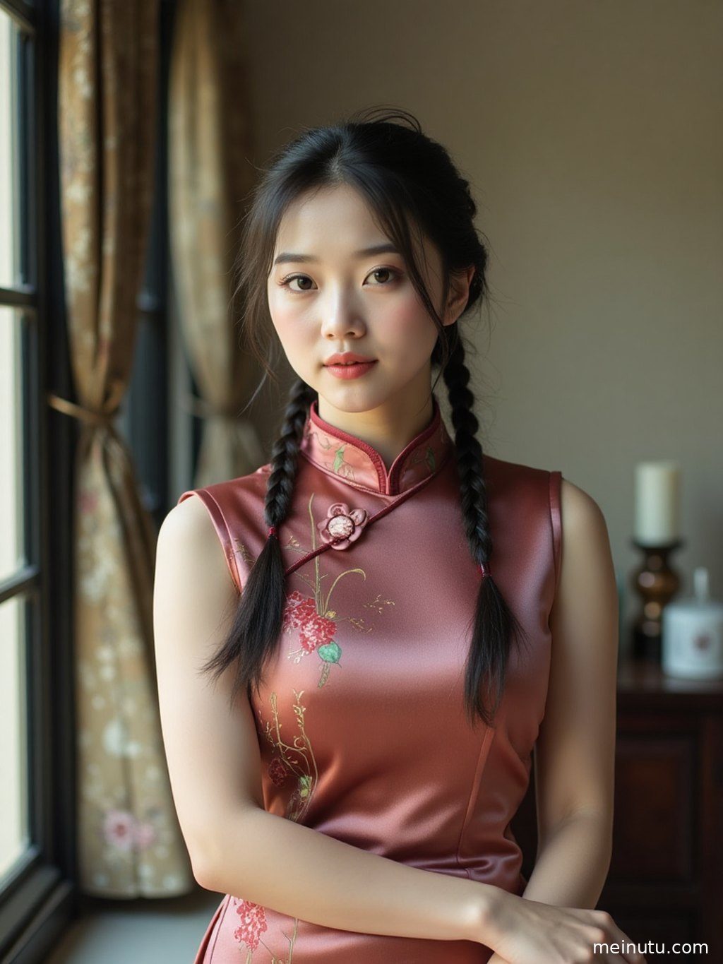 一位成年女性身着典雅庭院旗袍，在海边逆光下展现迷人半身肖像。