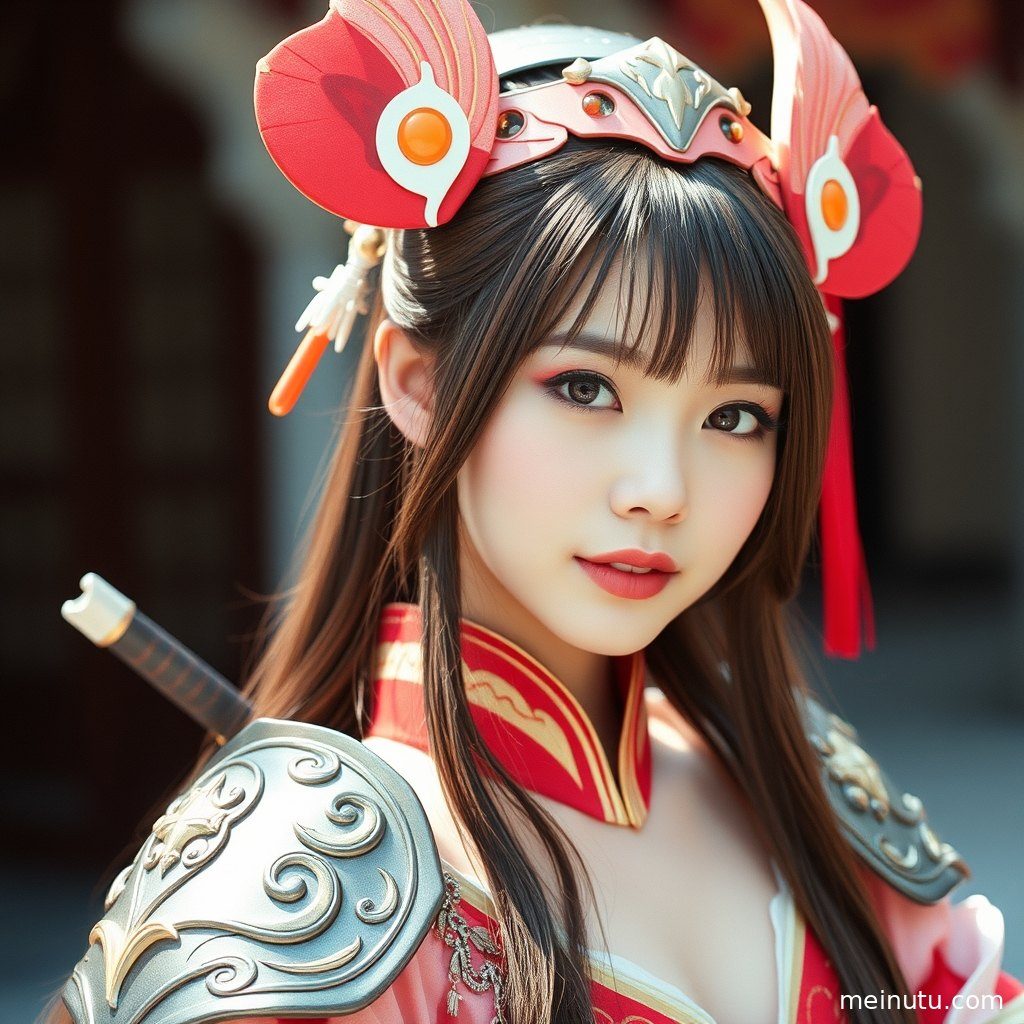 身着二次元服饰的成年女子在街头进行全身构图的Cosplay街拍，暖色侧光勾勒出迷人轮廓。