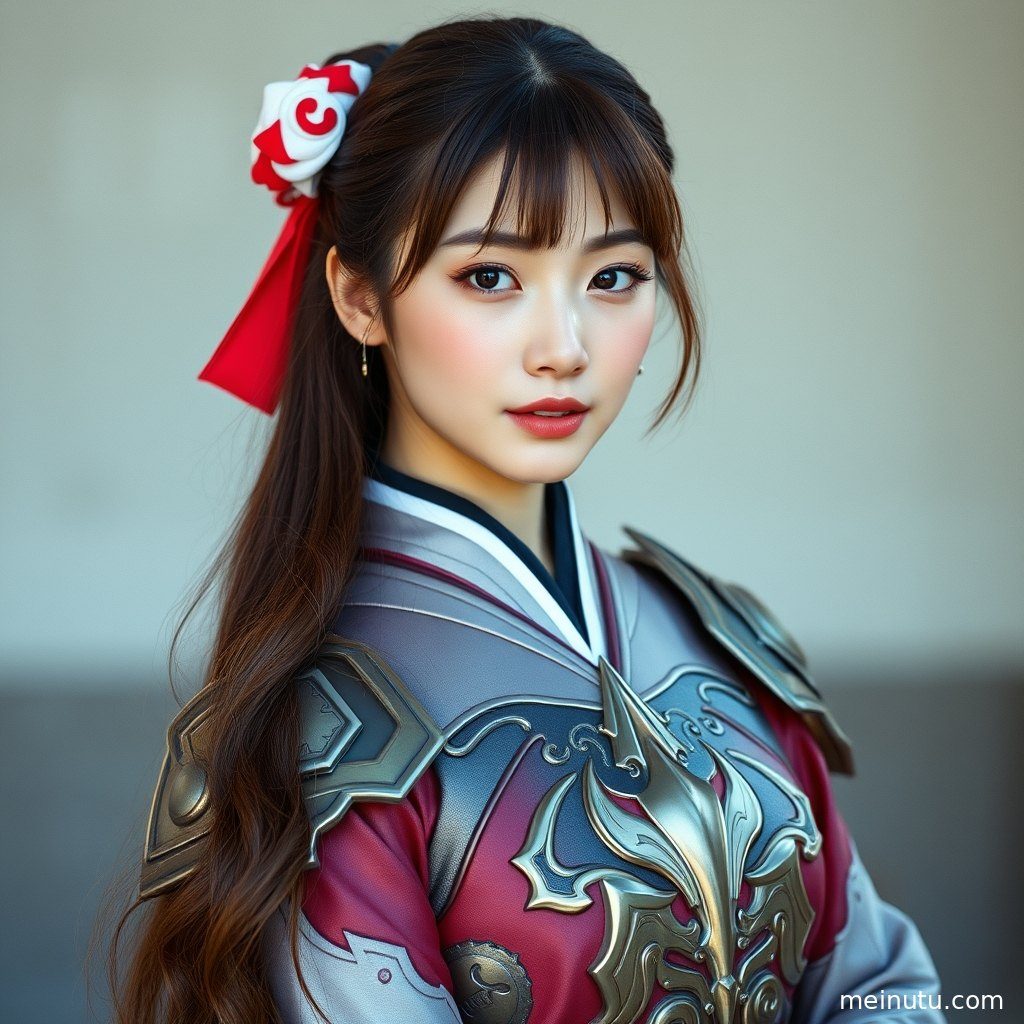 街拍风格的Cosplay二次元写真，成年女子全身构图，暖色侧光突显服饰细节与人物气质。