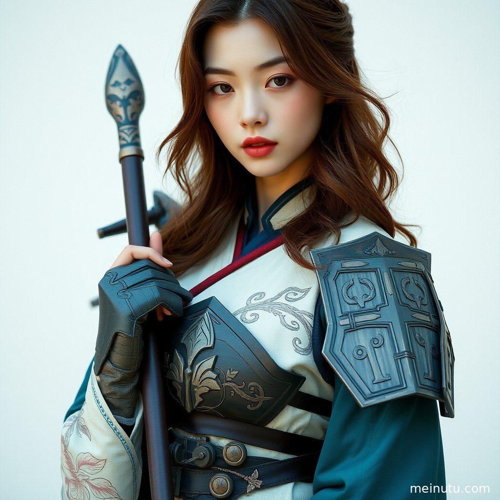 海边柔和逆光下，身着精致Cosplay服装的成年女性半身肖像，眼神灵动。