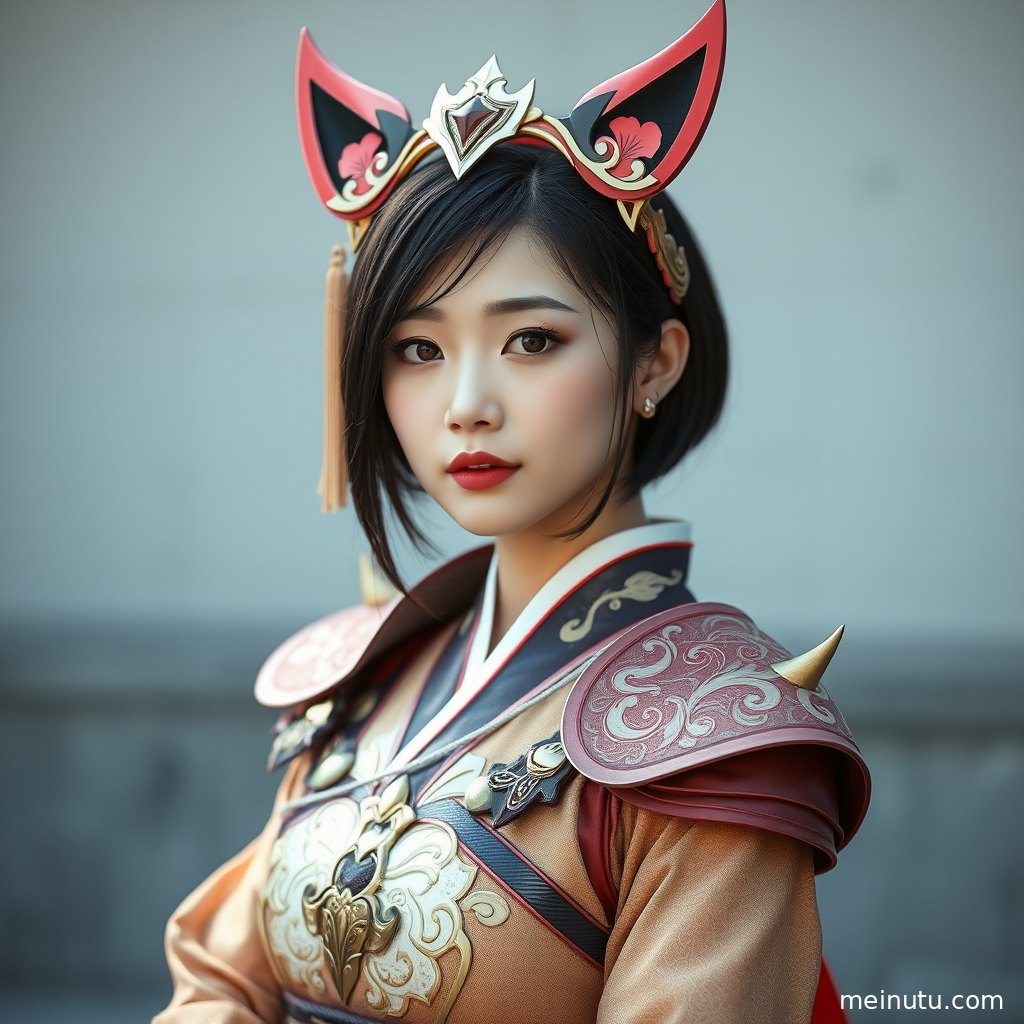 一位身着华丽Cosplay服装的成年女性，在漫展背景下，侧光照亮其全身造型。