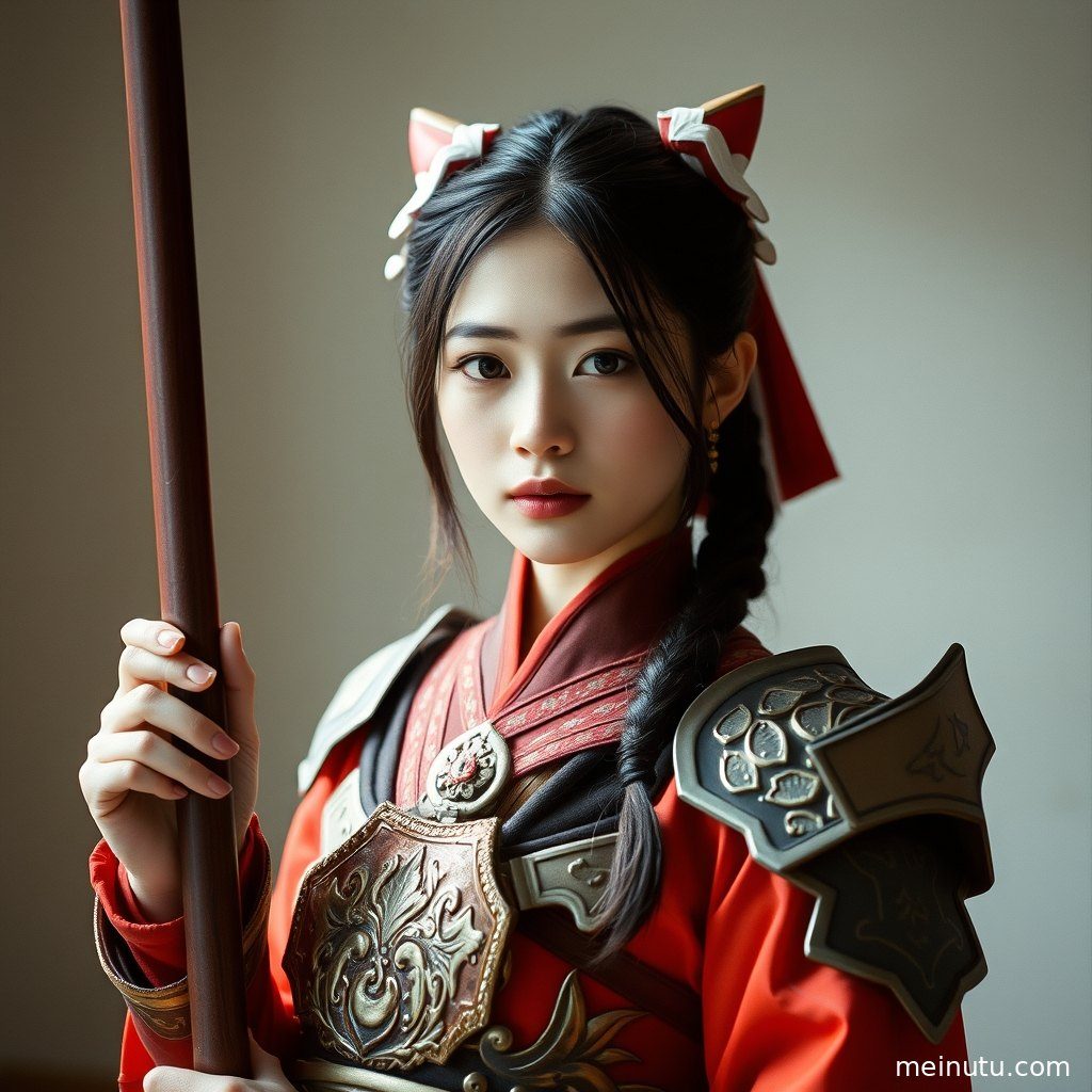 室内柔光环境下，成年女性Cosplay角色的眼神特写，充满故事感。