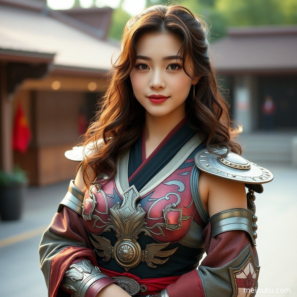 成年女子身着精美Cosplay服装，在黄昏的阴天漫射光下展现迷人侧颜，全身构图。