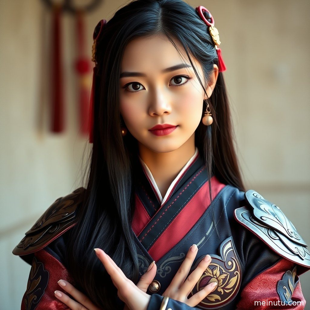 一位身着精致二次元Cosplay服装的成年女子，在晨光下眼神专注。