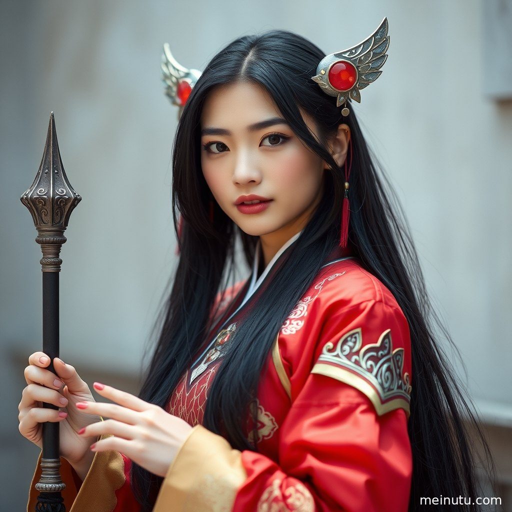 成年女子Cosplay造型，背景虚化，突出人物在晨光下的宁静气质。