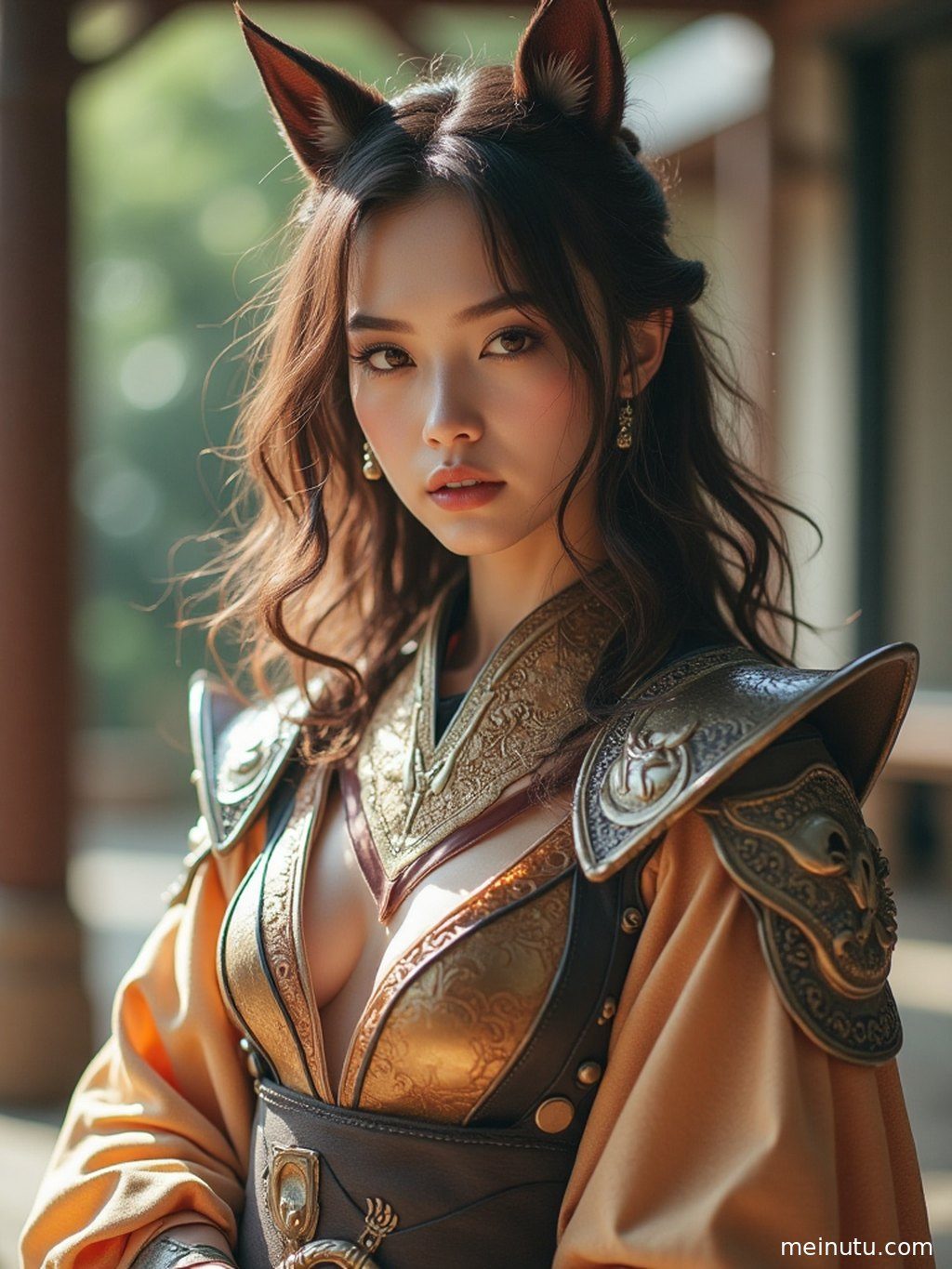 侧身站立的Cosplay角色，暖色侧光勾勒出迷人的轮廓，眼神深邃。
