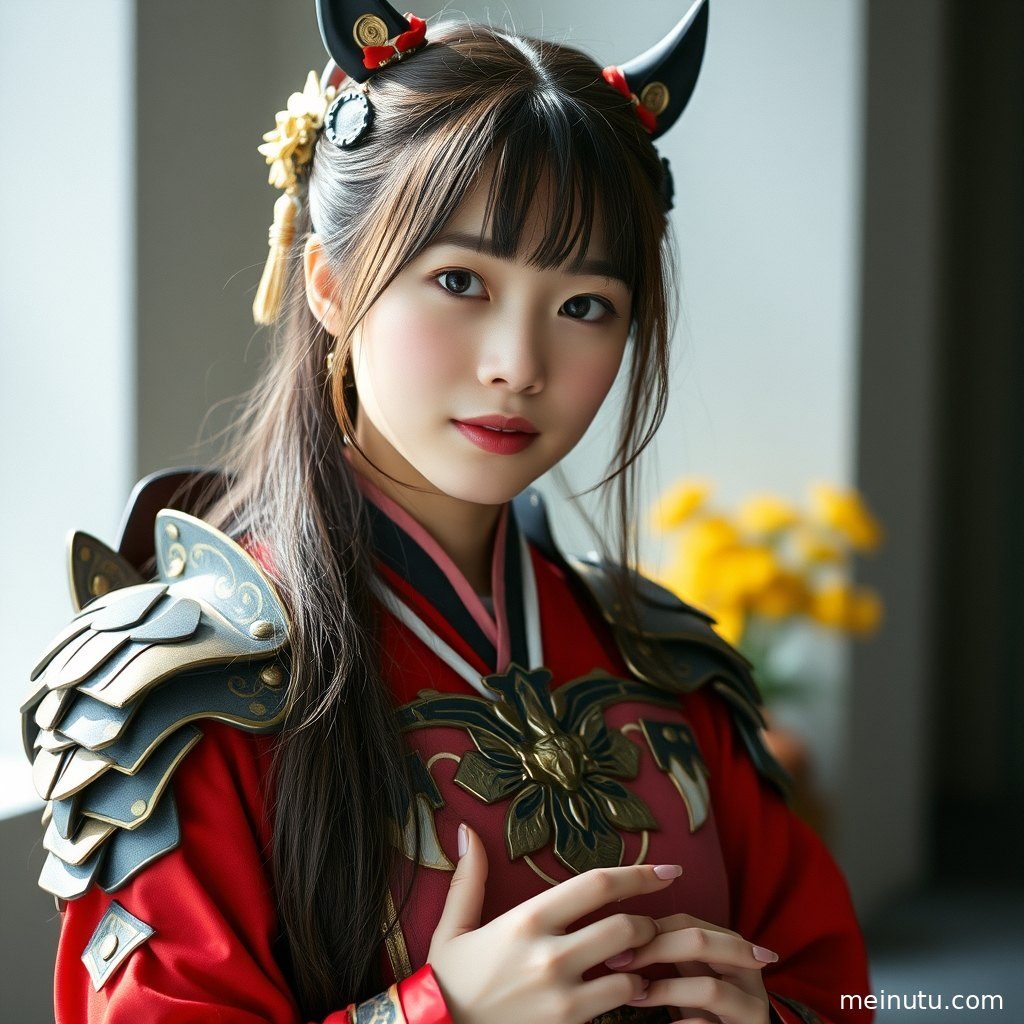 成年女性Cosplay角色在晨光下，面部被柔和的漫射光线勾勒。