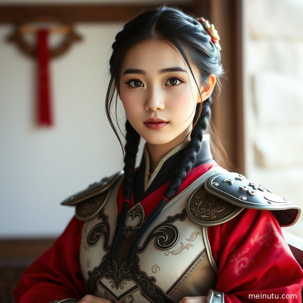 海边夕阳下，一位身着奇幻服饰的成年女性，眼神迷离。