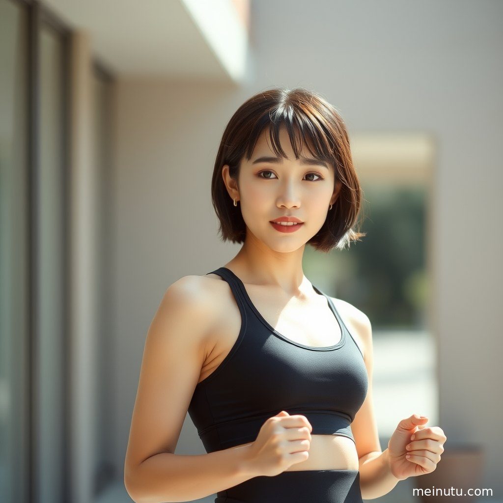 阴天漫射光柔和地洒在练习中的成年女性身上，勾勒出专注而宁静的轮廓。