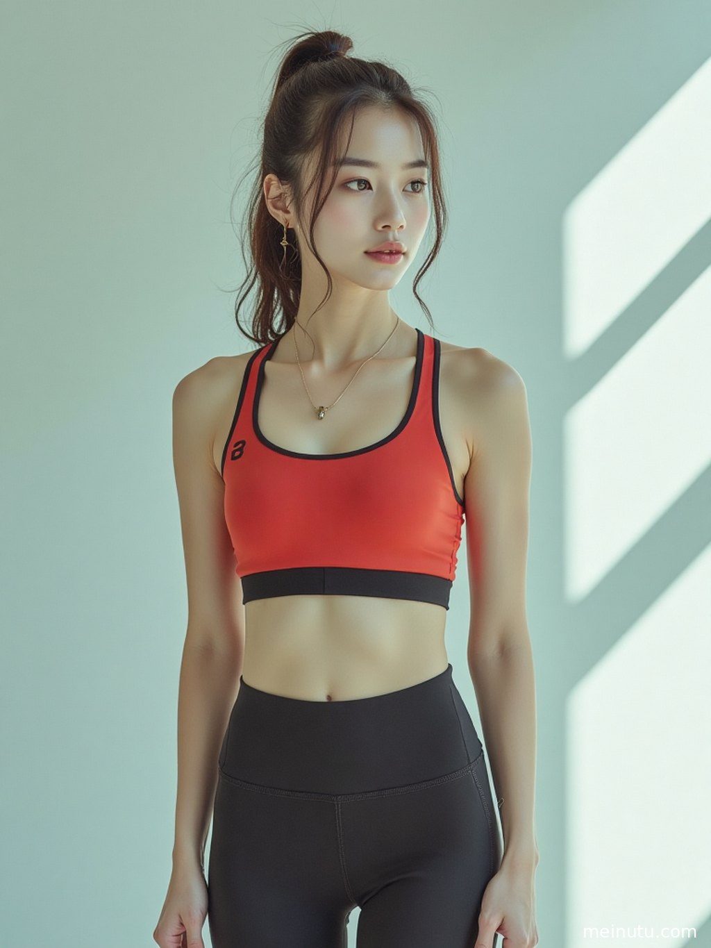 全身构图特写，展现瑜伽服女子的完美身材比例与自信神采。