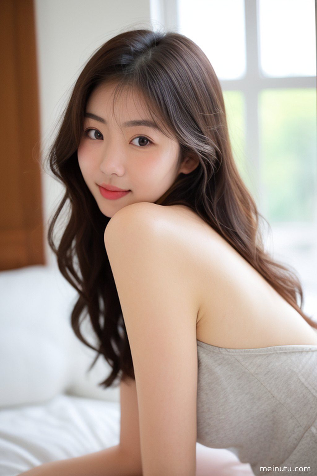 室内场景，光线透过窗户洒在成年女性身上，营造出宁静而富有诗意的氛围。