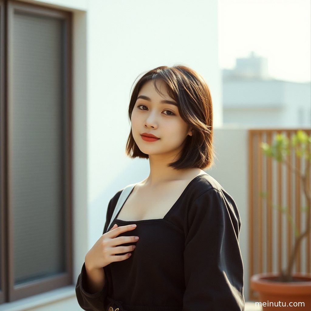镜头捕捉到亚洲成年女性在街边回眸的瞬间，侧光下的眼神充满故事感。