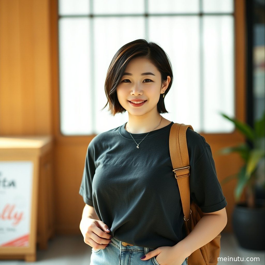 暖色侧光洒在亚洲成年女性的脸上，突显出她自然清新的气质。