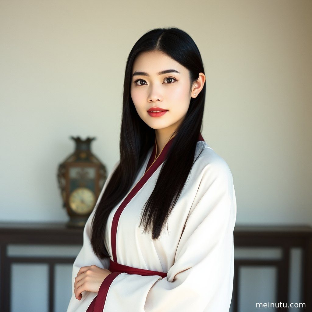 古风庭院的廊桥上，成年女子侧身而立，光线透过窗棂洒下，半身构图 意境悠远。