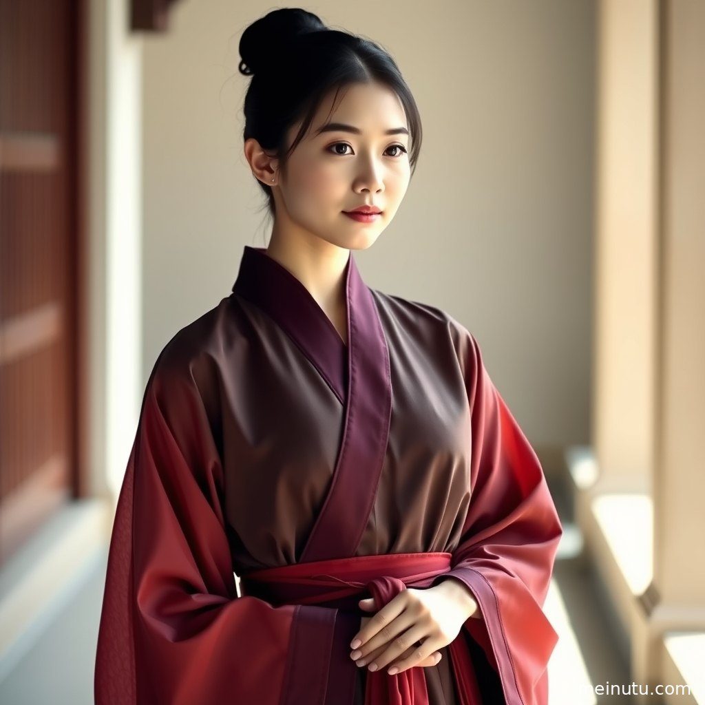 柔和的逆光勾勒出汉服女子半身肖像的轮廓，发丝与衣袂散发着朦胧美感。