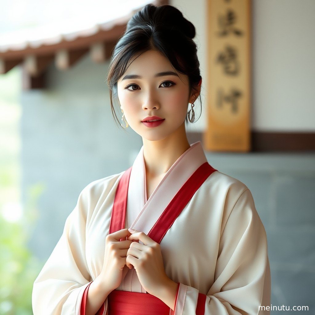 特写镜头下，汉服女子脸部细节与精致妆容在柔光中愈发动人，尽显古典韵味。