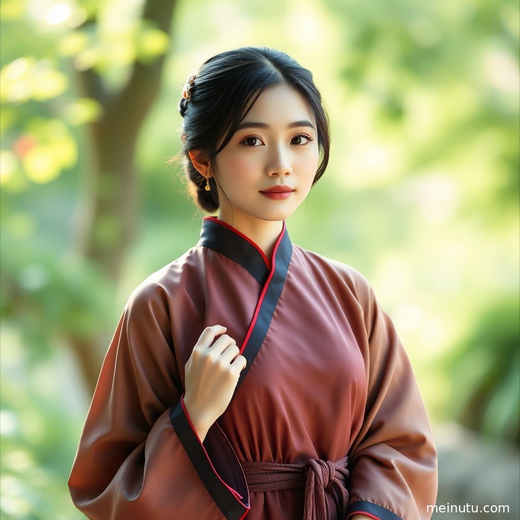 柔和的逆光勾勒出汉服的轮廓，成年女子在光影中回眸。