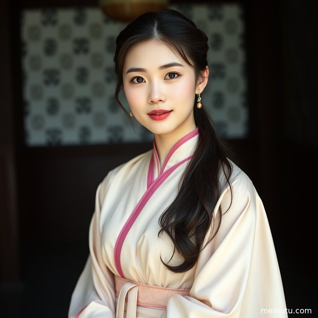 古装汉服的全身构图，展现服饰的飘逸与室内雅致的背景。
