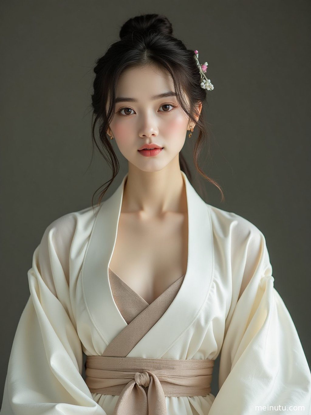 逆光勾勒成年女子汉服轮廓，海浪在背景中模糊成柔和的光晕。