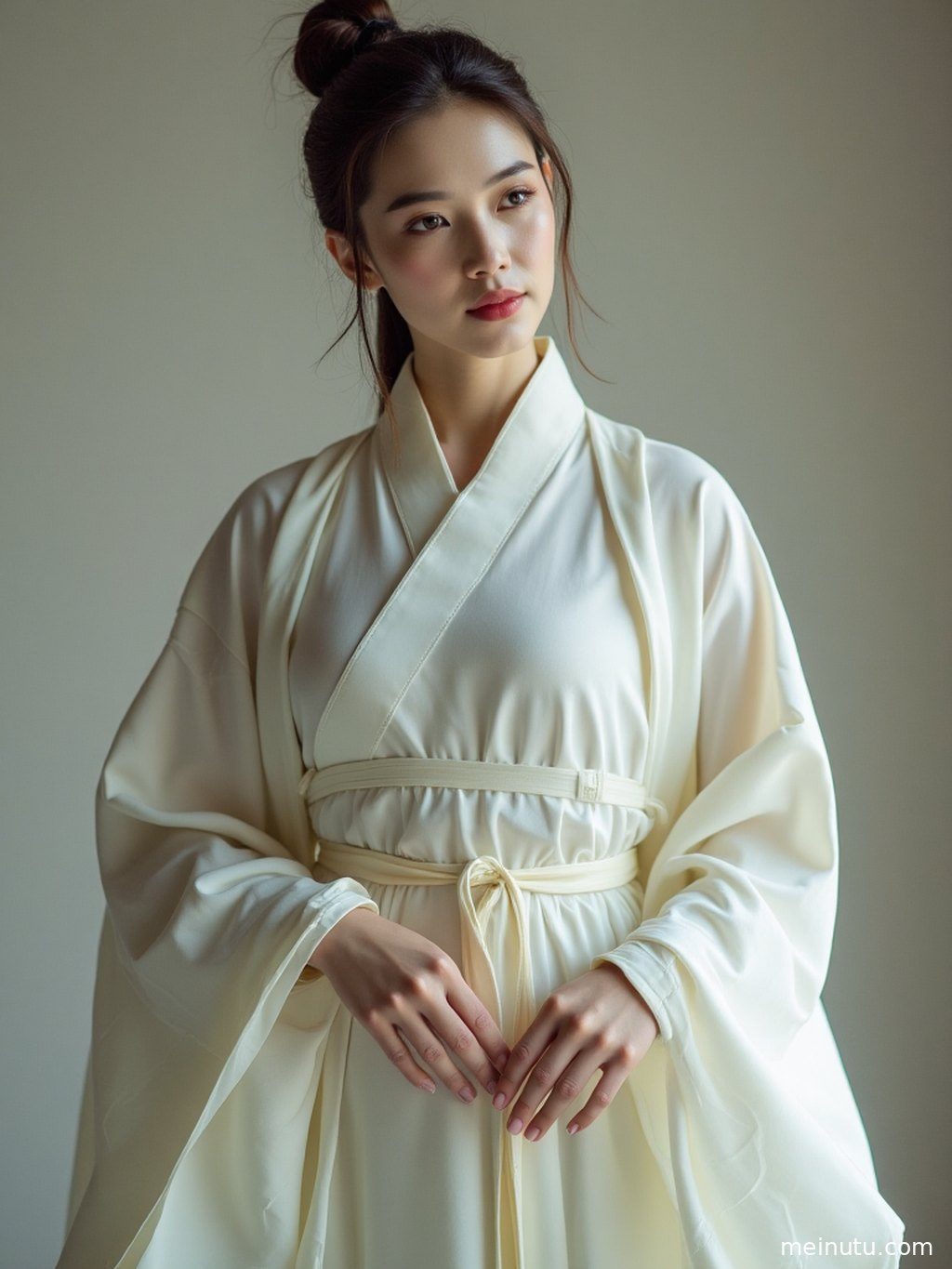 专注于成年女子半身肖像，汉服细节与海边光影的唯美结合。