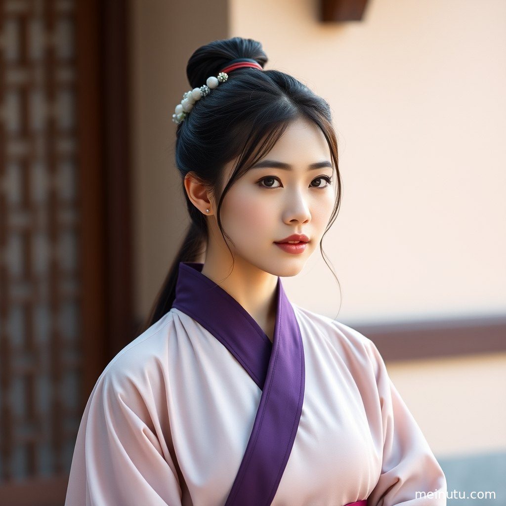 成年女子身着唐制汉服，在黄昏的漫射光中静立，散发出古典韵味。