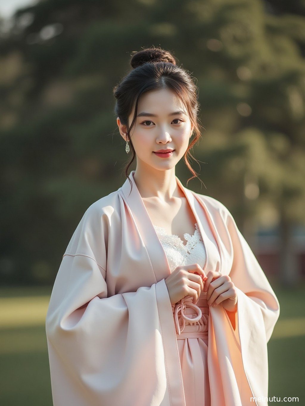 身着华美汉服的成年女子，在黄昏暖色侧光下展现优美身姿，全身构图。