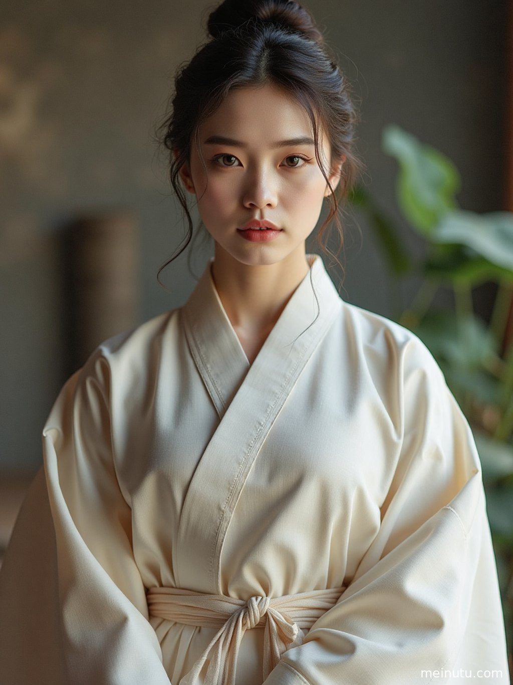 成年女子侧身回眸，汉服的飘逸感与黄昏光线完美融合，尽显古典韵味。