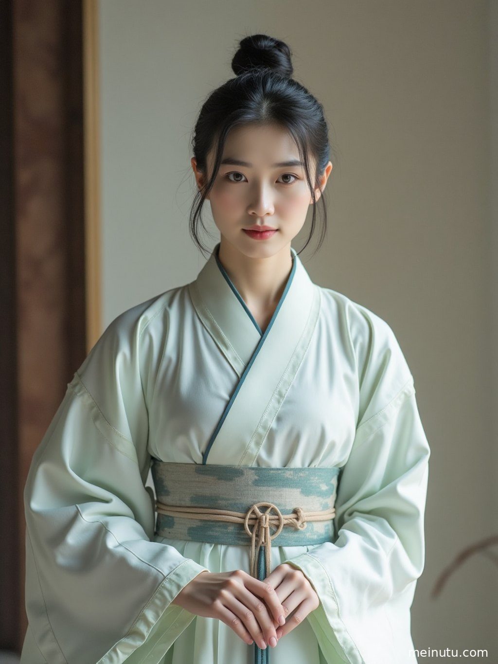 远景展现汉服女子与黄昏景致的和谐统一，全身构图尽显大唐风韵。