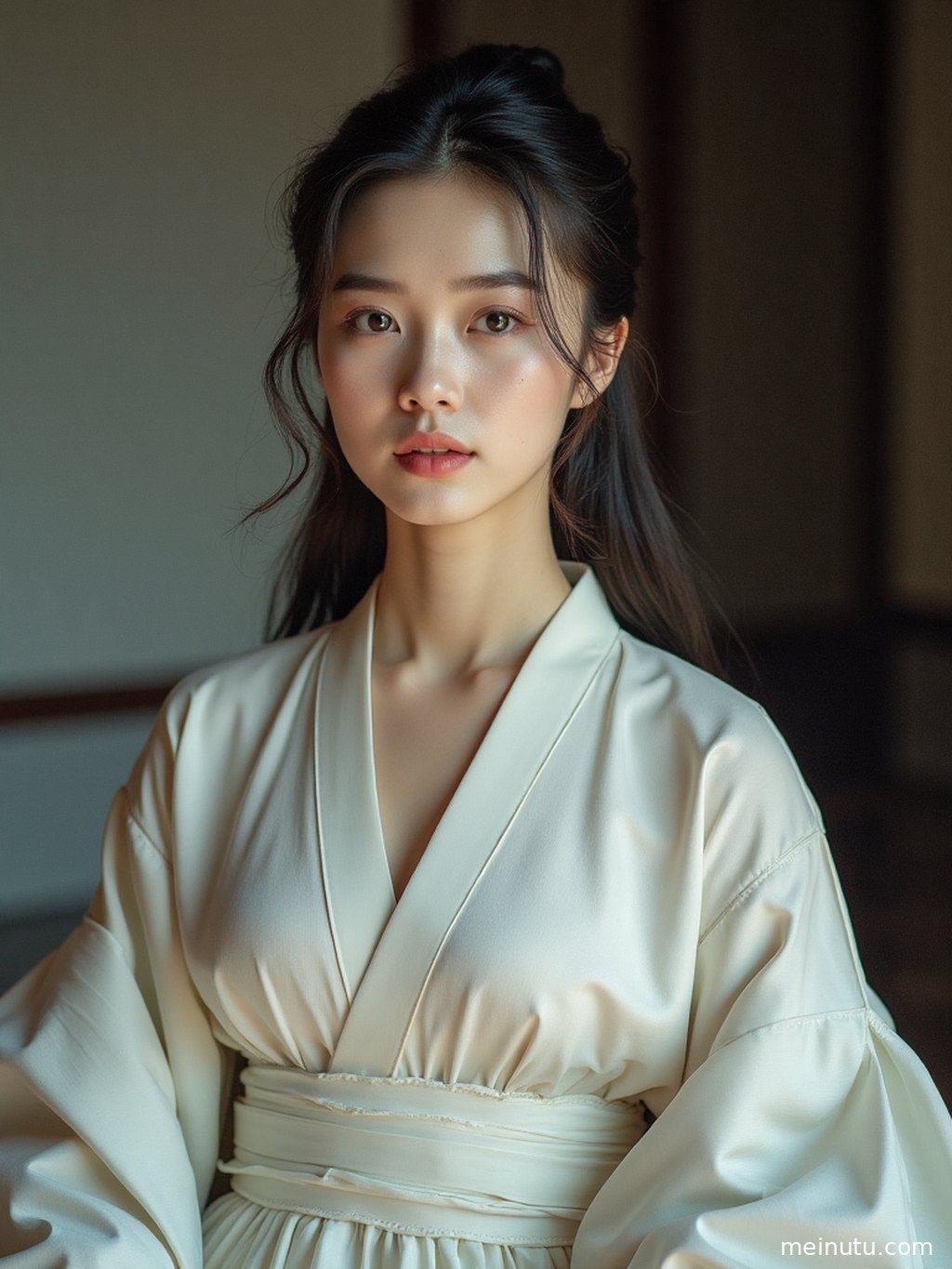 光影交织的汉服写真，成年女子面部表情宁静，气质脱俗。