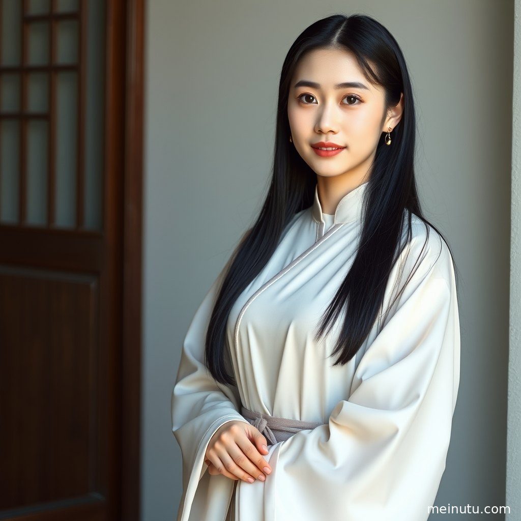 全身定格，一位身着汉服的成年女子在街头，暖色侧光下的光影效果引人注目。