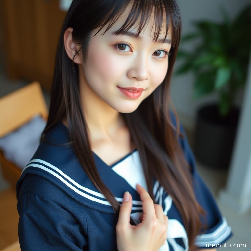 JK黑丝写真全身构图，展现成年女性穿着经典制服的优雅站姿，漫射光线营造柔和氛围。