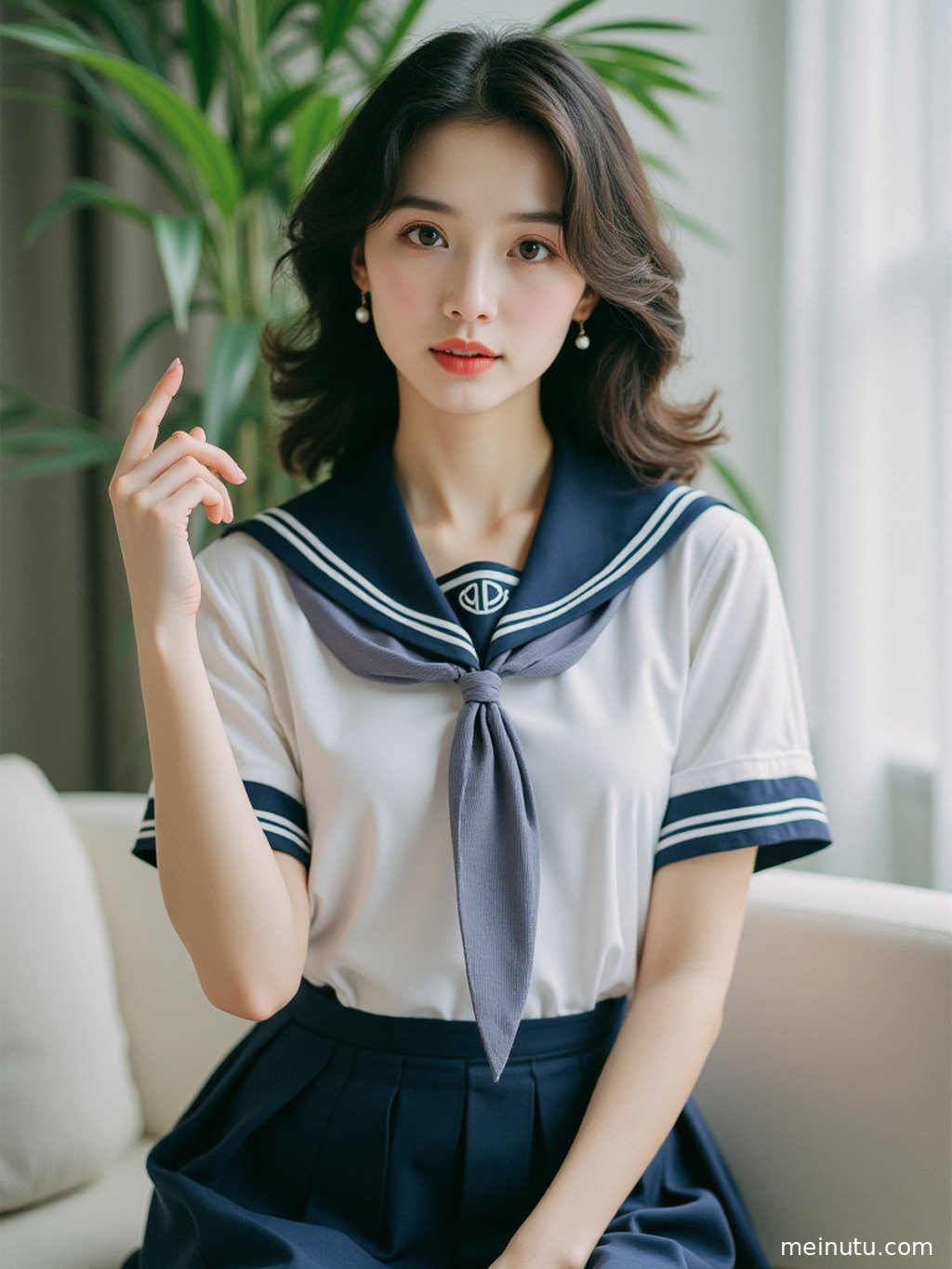 JK水手服的全身照，在柔和的光线下，勾勒出优美的身姿。
