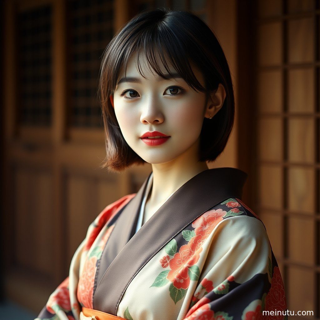 特写镜头下，和服美女细腻的面部表情与精致妆容尽显。
