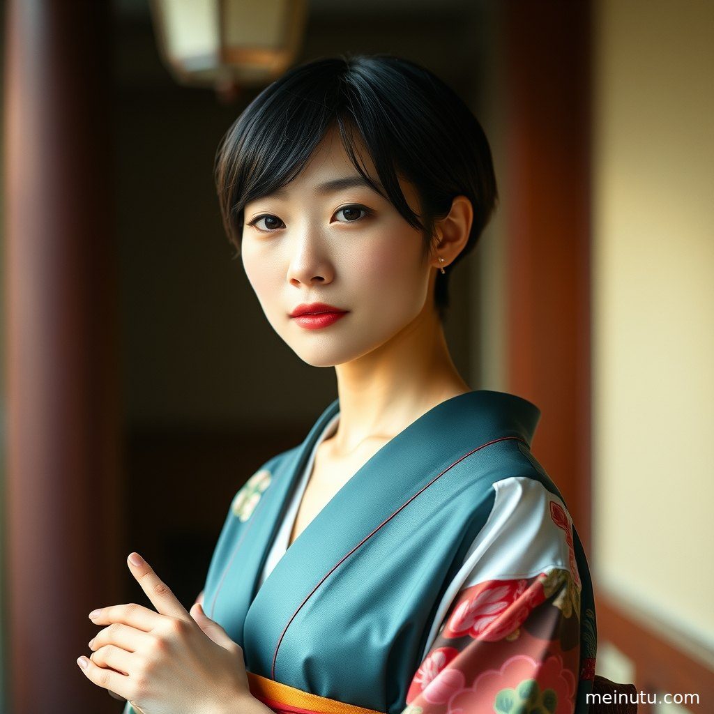 温暖光线洒落在和服女子肩头，半身构图传递宁静致远之美。