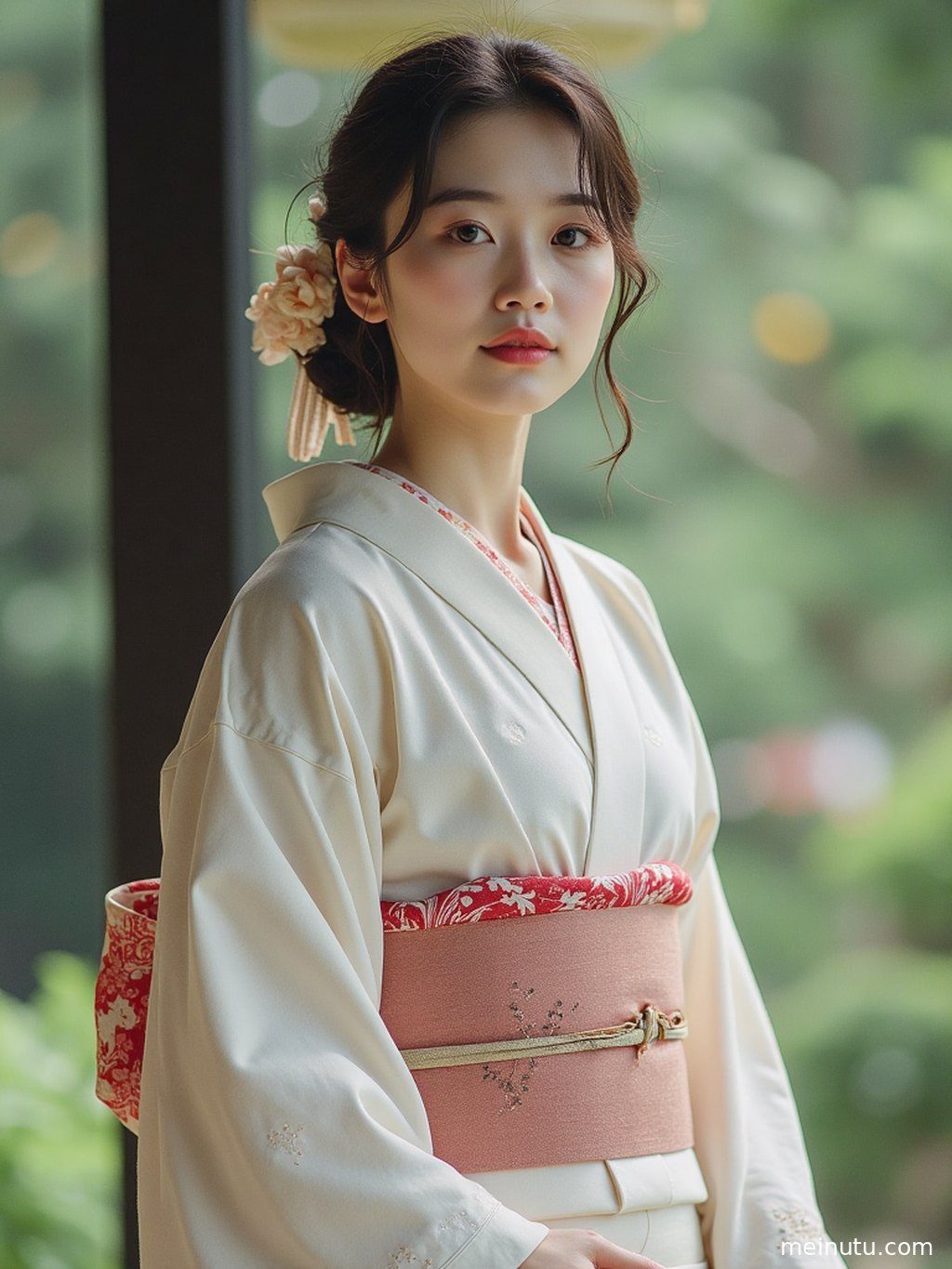 身着华美和服的成年女子，在暖色侧光下回眸，展现东方古典美。