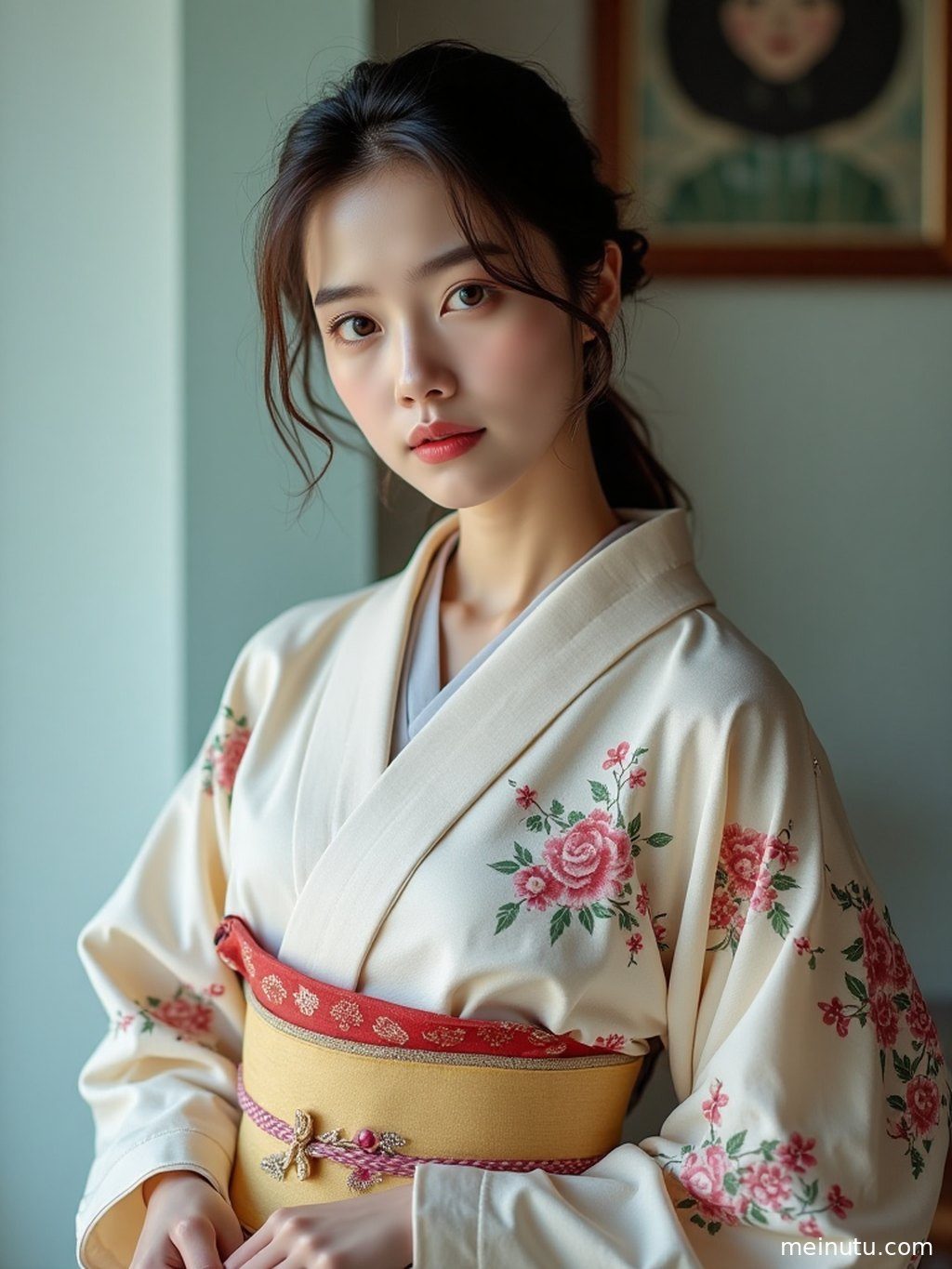 全身构图展示成年女子和服的细节，背景为日式街景，光影迷人。