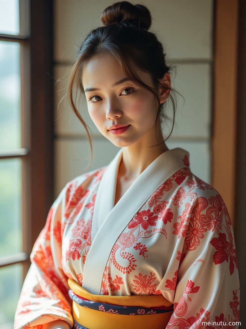 柔和逆光勾勒出穿着日式和服的成年女性的迷人侧影，光影斑驳。