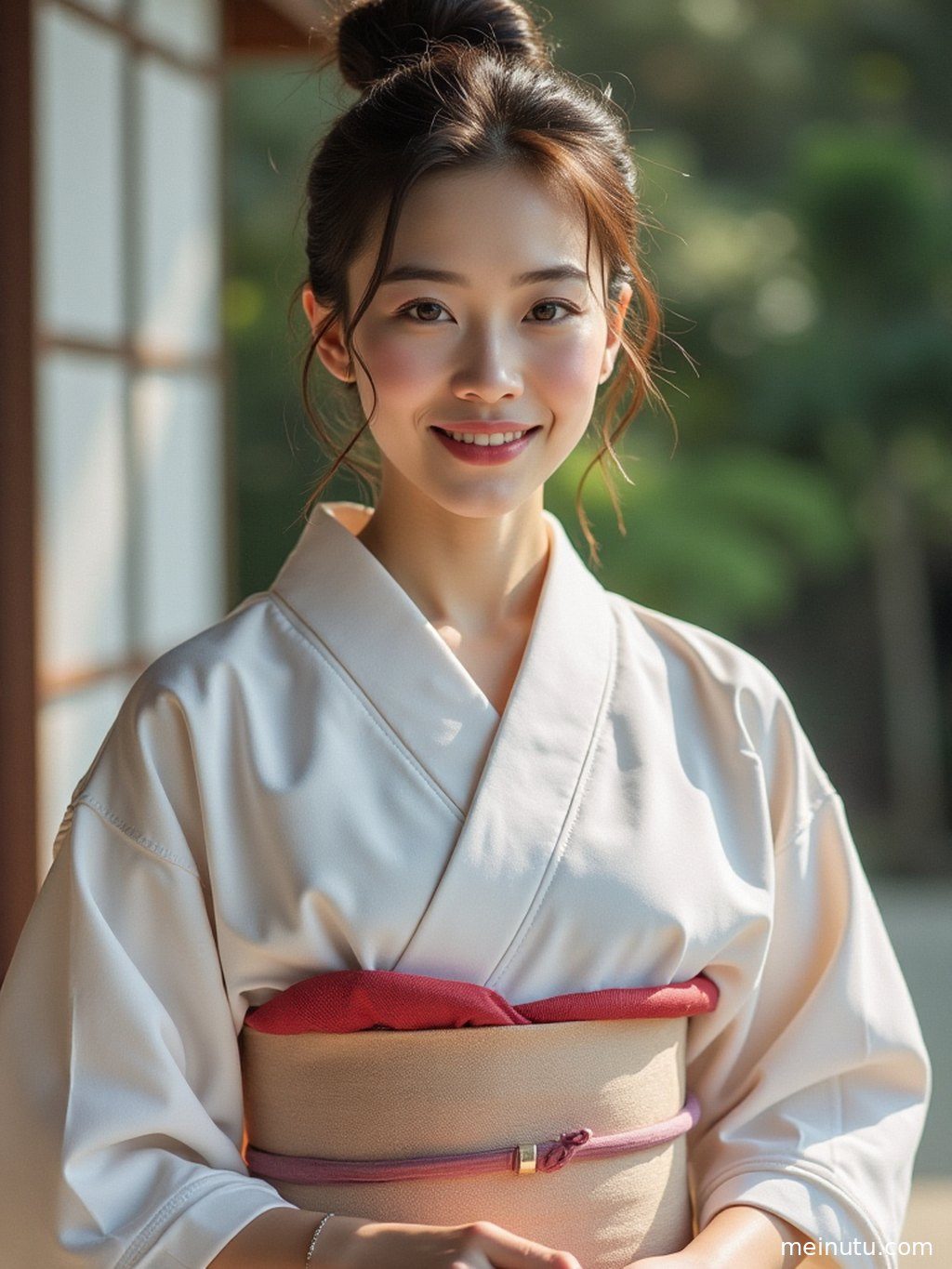 全身构图展示日式和服的华美图案与成年女子端庄的气质。