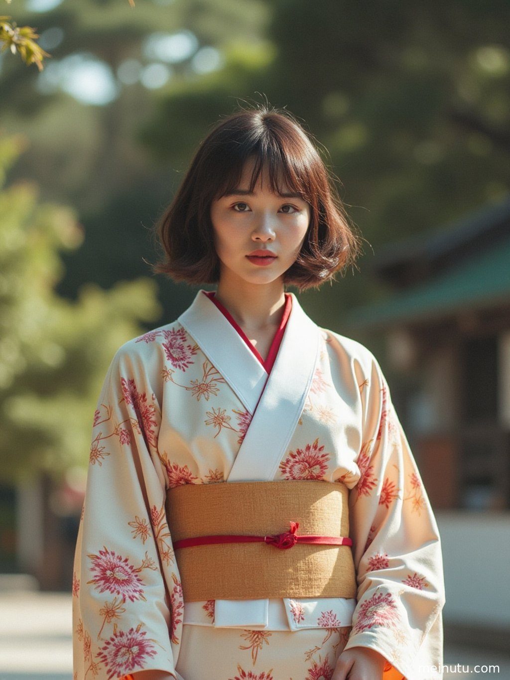柔和的逆光勾勒出成年女性身着和服的迷人剪影，光影层次丰富。