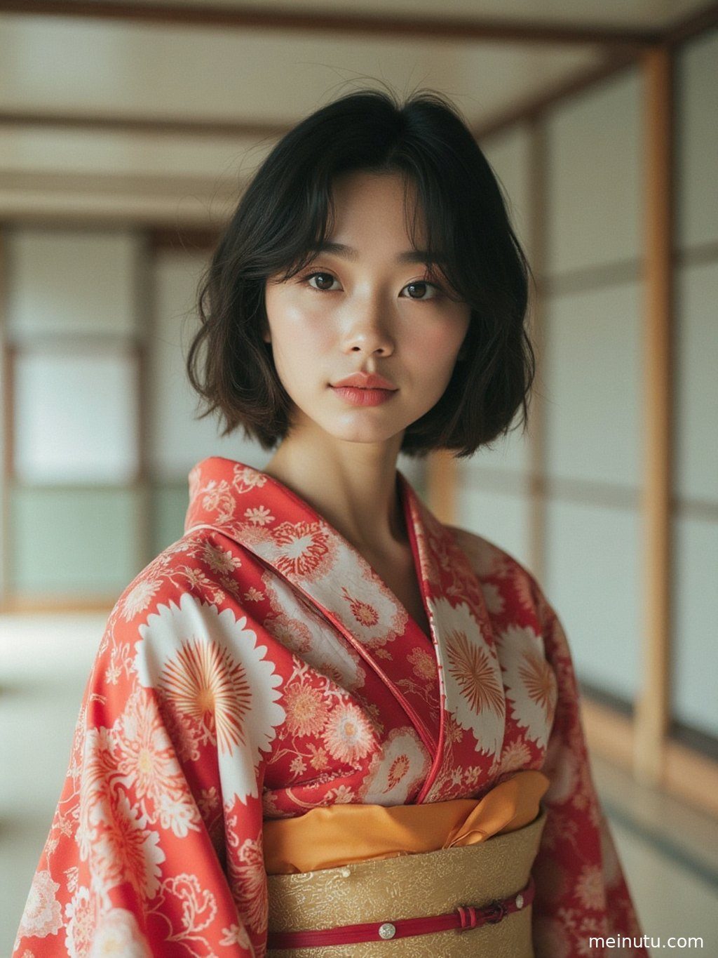 室内柔光下的日式和服写真，营造出宁静、典雅的艺术氛围。