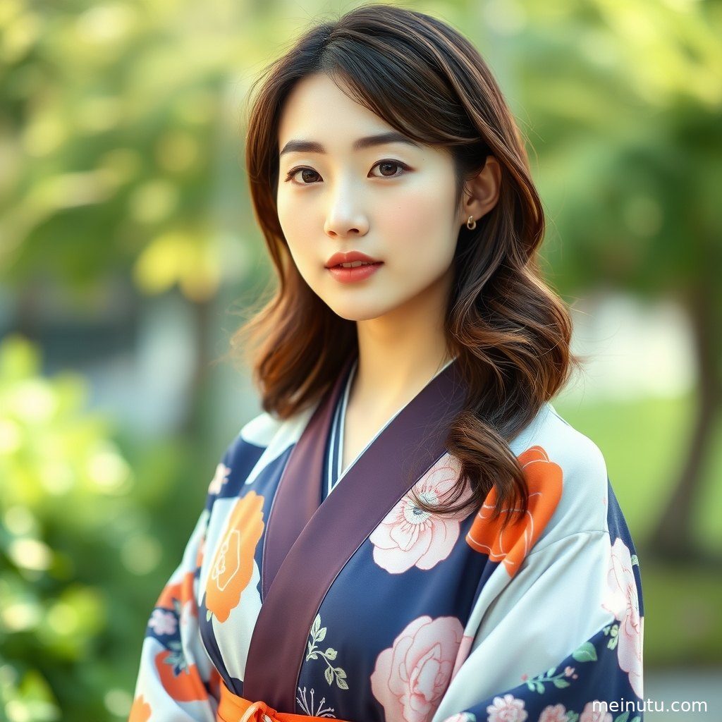 侧面角度捕捉成年女性穿着和服，侧光勾勒出柔和的身影，与樱花相映成趣。