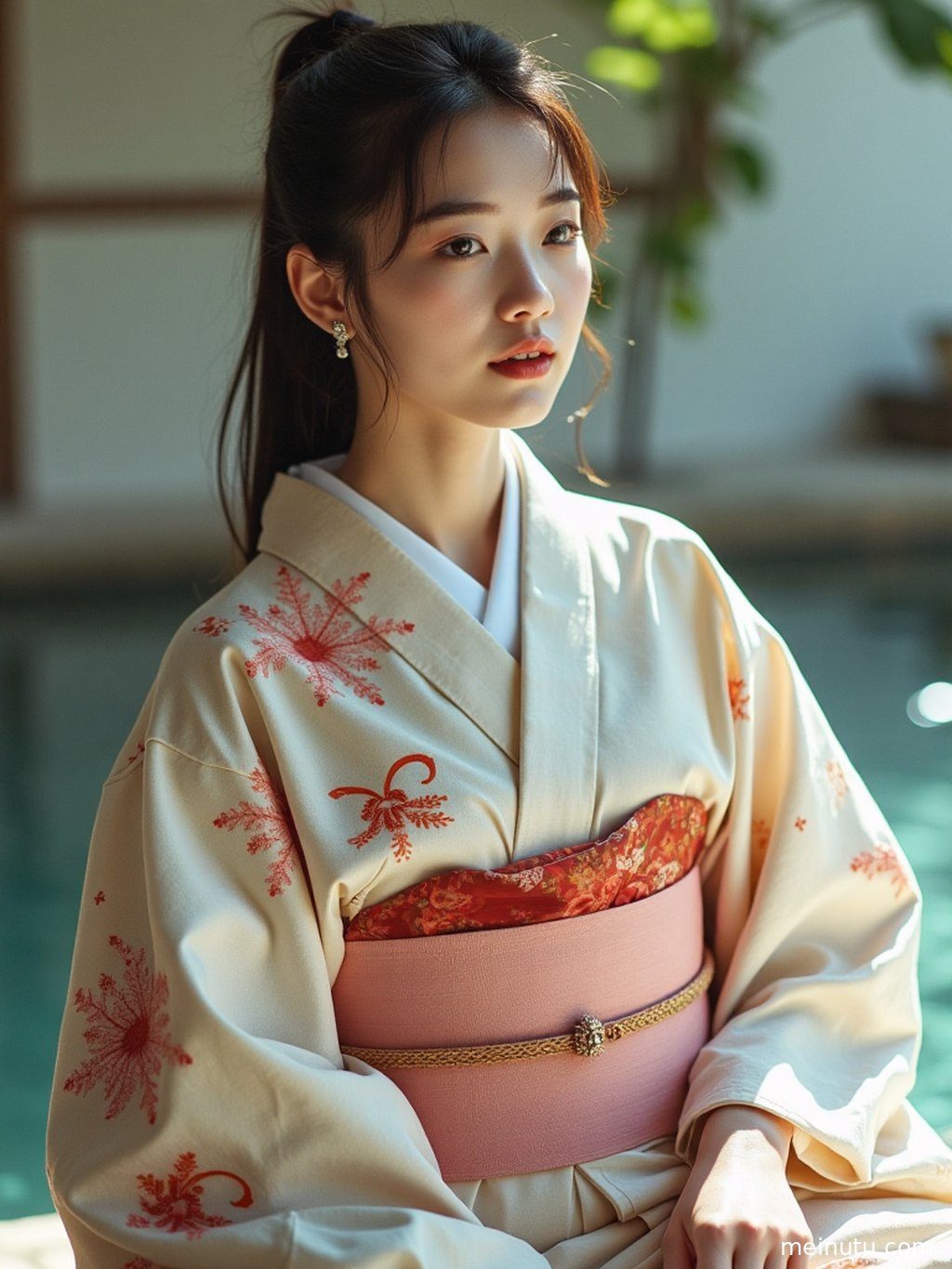 夏日海滩上，成年女子身着浴衣，海风轻拂，展现优雅姿态。