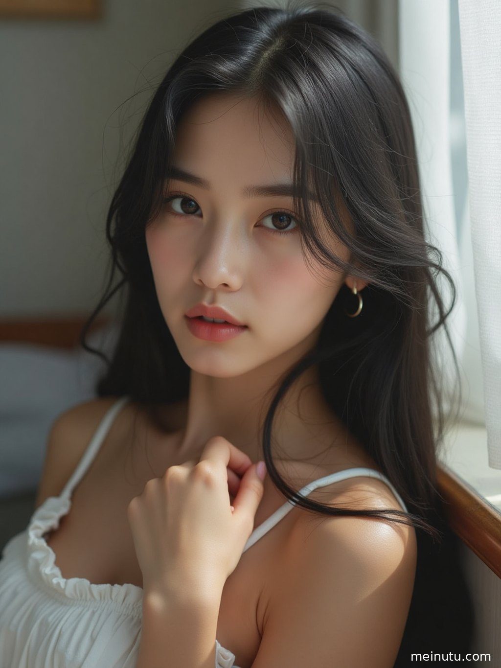 室内柔光下，一位成年女性在柔和逆光中展现迷人侧颜，高清半身写真。
