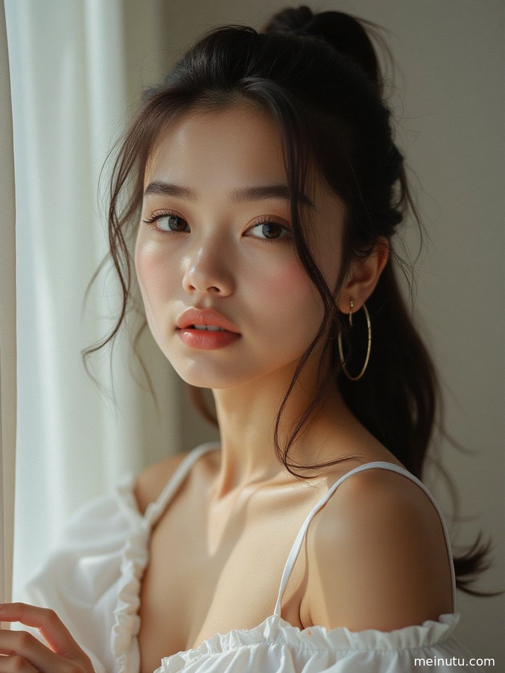 自然光透过树叶缝隙，柔和地打在庭院中成年女子的面庞，营造温暖氛围的半身肖像。