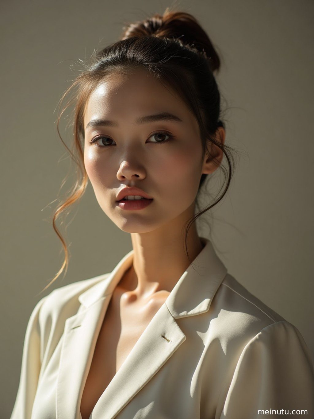 宽屏视角下，庭院中的成年女子沐浴在午后阳光下，服饰细节与光影层次分明。