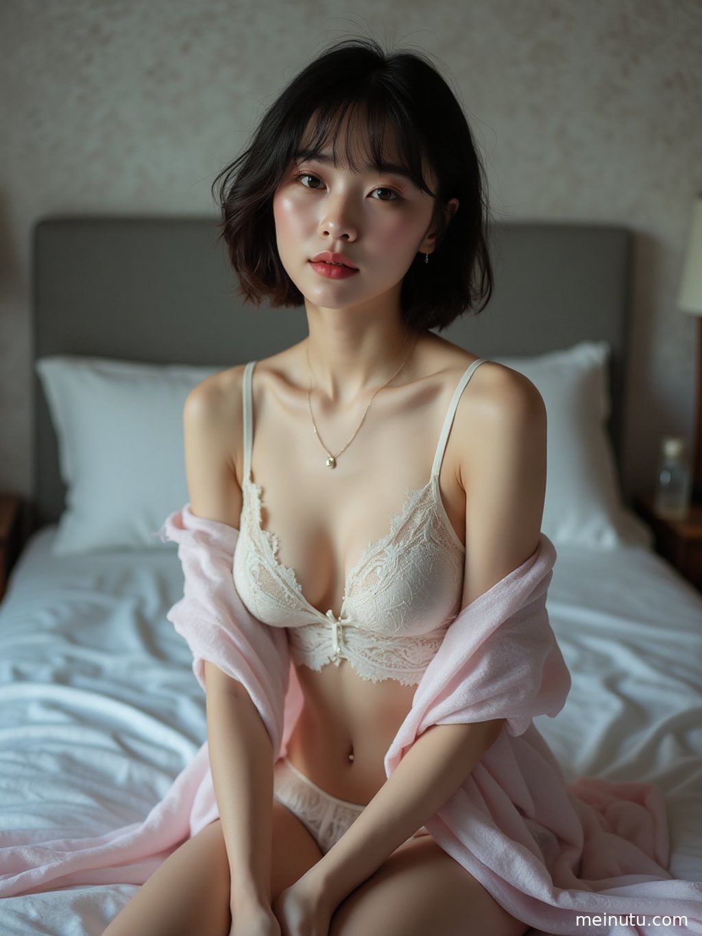 回眸一笑，空气刘海下的眼神迷离，窗边暖光勾勒出诱人轮廓。