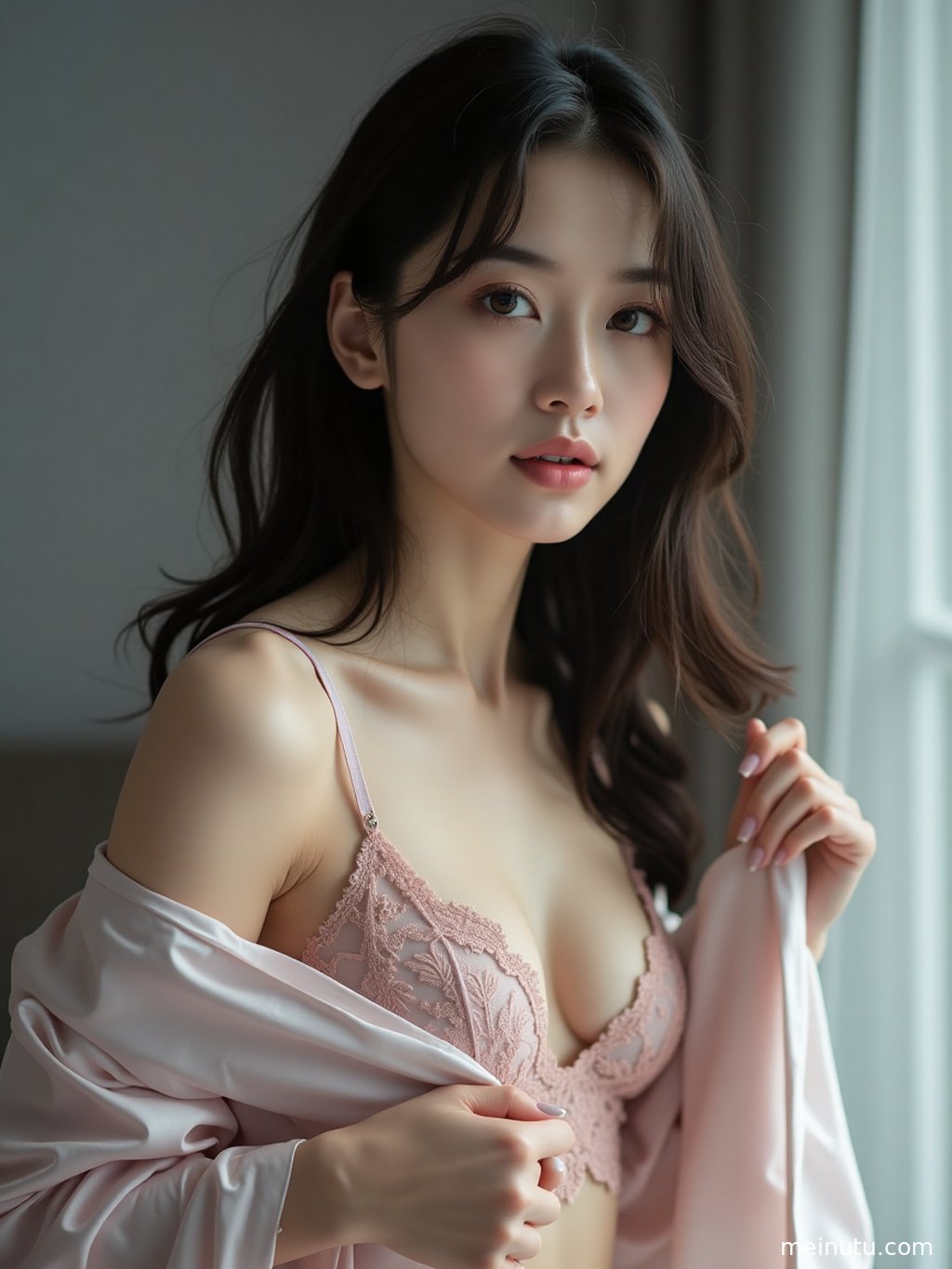 自然光勾勒出成年女子身体的优美曲线，极简背景更显焦点。